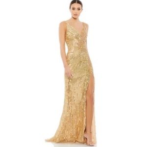 Mac Duggal Gold Floral Beaded Gown
